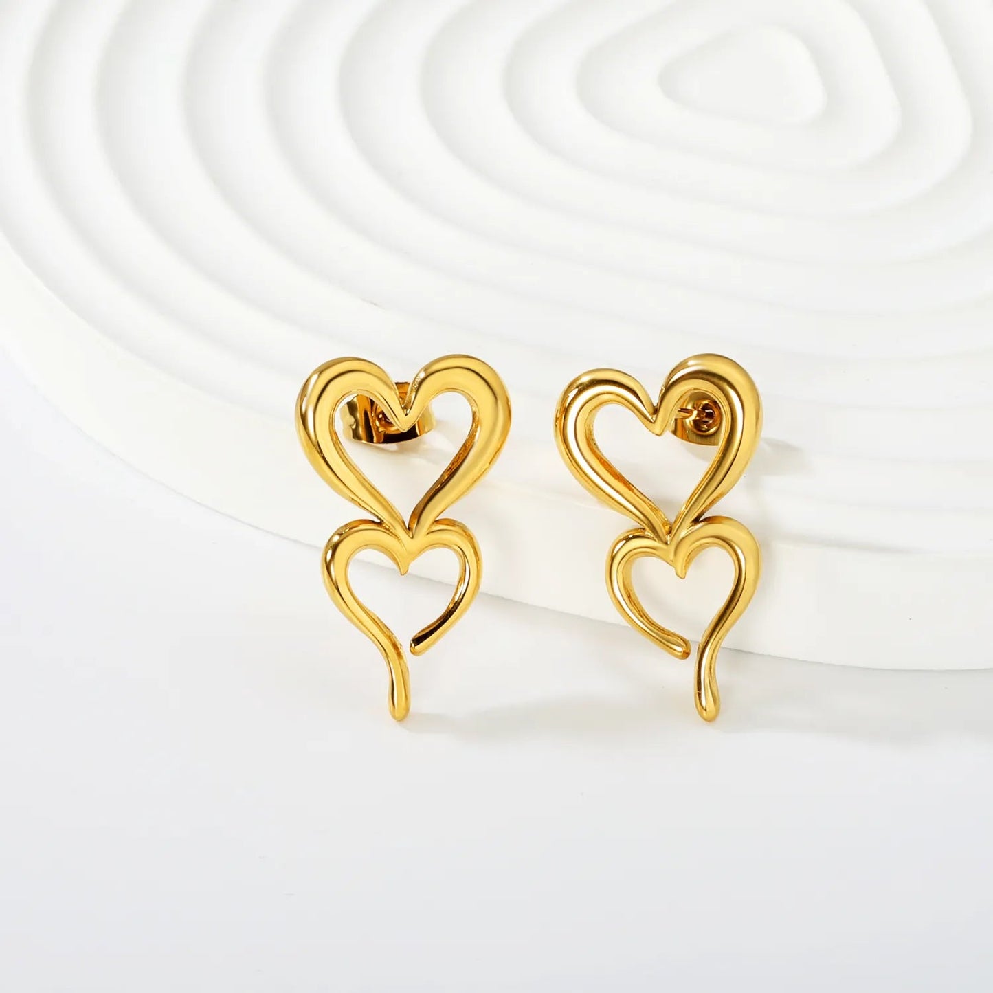 Gold Hollow Double Heart Stud Earrings 16*26mm Left Right Distinct Design Earrings for Women Daily Casual Office Party Wear Fashion Jewelry asonjewelry