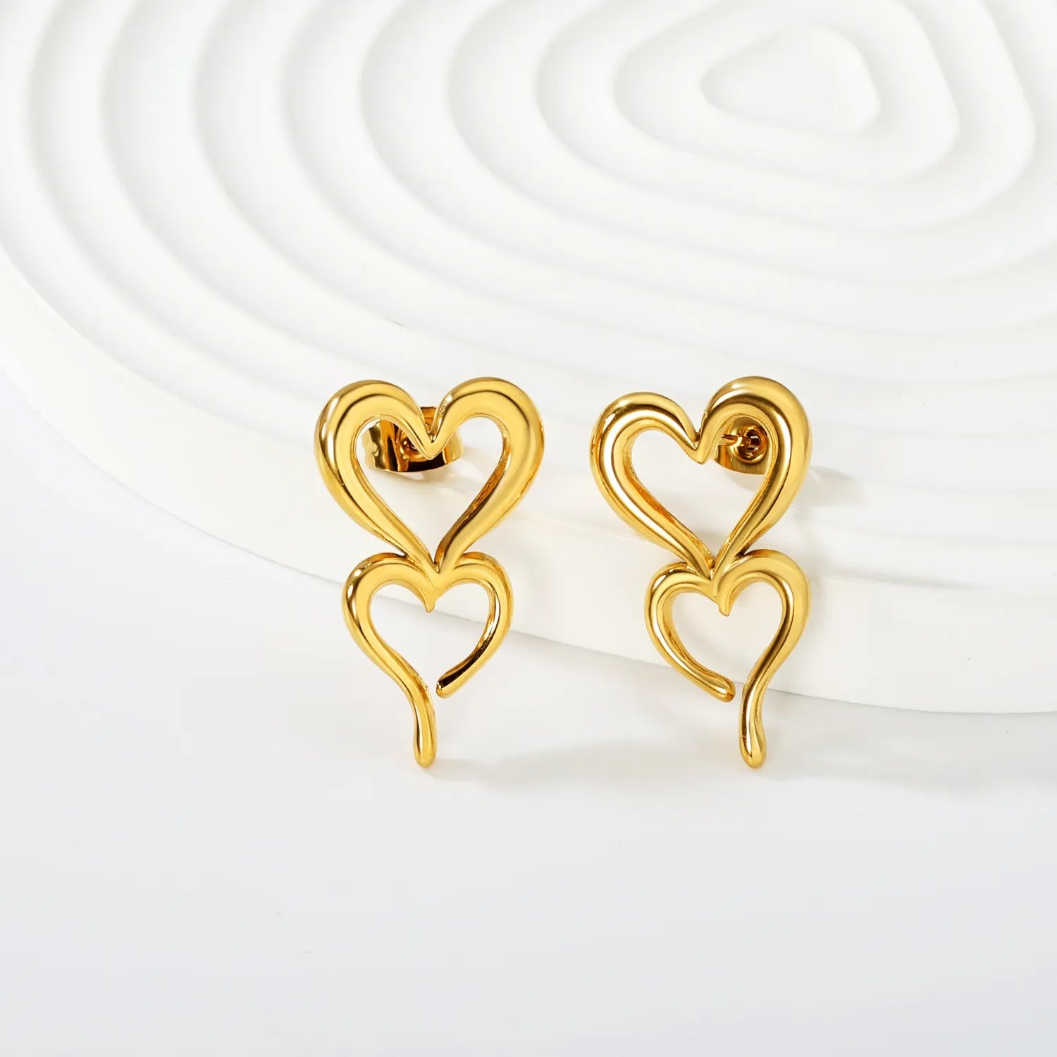 Gold Hollow Double Heart Stud Earrings 16*26mm Left Right Distinct Design Earrings for Women Daily Casual Office Party Wear Fashion Jewelry asonjewelry