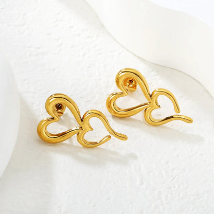 Gold Hollow Double Heart Stud Earrings 16*26mm Left Right Distinct Design Earrings for Women Daily Casual Office Party Wear Fashion Jewelry asonjewelry