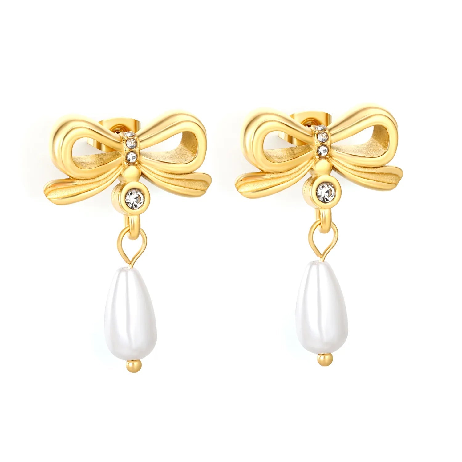 Gold Bowknot Stud Earrings 21*15mm With 6*12mm Teardrop Faux Pearls Elegant Pearl Inlaid Bow Earrings for Women Daily Casual Office Party Wear Fashion Jewelry asonjewelry