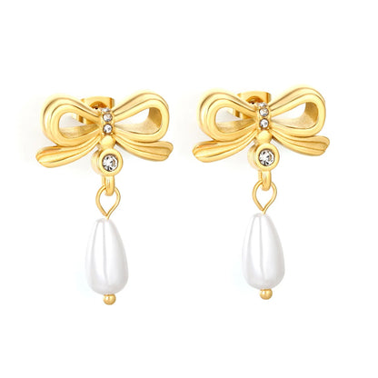 Gold Bowknot Stud Earrings 21*15mm With 6*12mm Teardrop Faux Pearls Elegant Pearl Inlaid Bow Earrings for Women Daily Casual Office Party Wear Fashion Jewelry asonjewelry