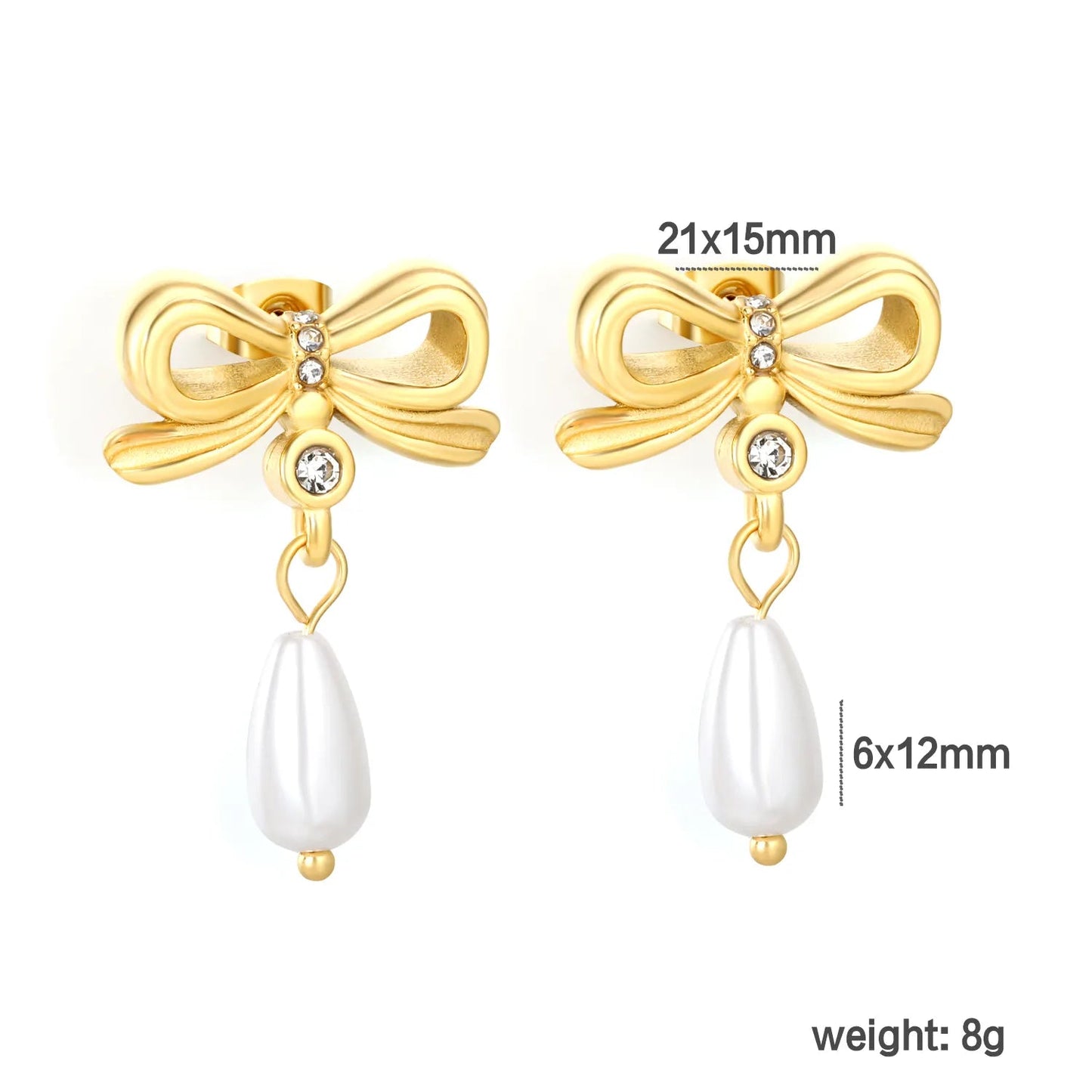 Gold Bowknot Stud Earrings 21*15mm With 6*12mm Teardrop Faux Pearls Elegant Pearl Inlaid Bow Earrings for Women Daily Casual Office Party Wear Fashion Jewelry asonjewelry