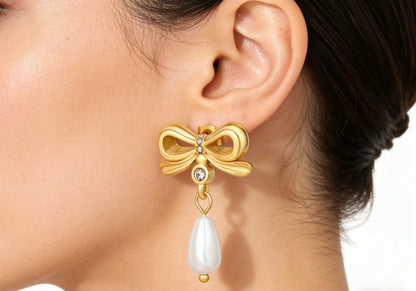 Gold Bowknot Stud Earrings 21*15mm With 6*12mm Teardrop Faux Pearls Elegant Pearl Inlaid Bow Earrings for Women Daily Casual Office Party Wear Fashion Jewelry asonjewelry
