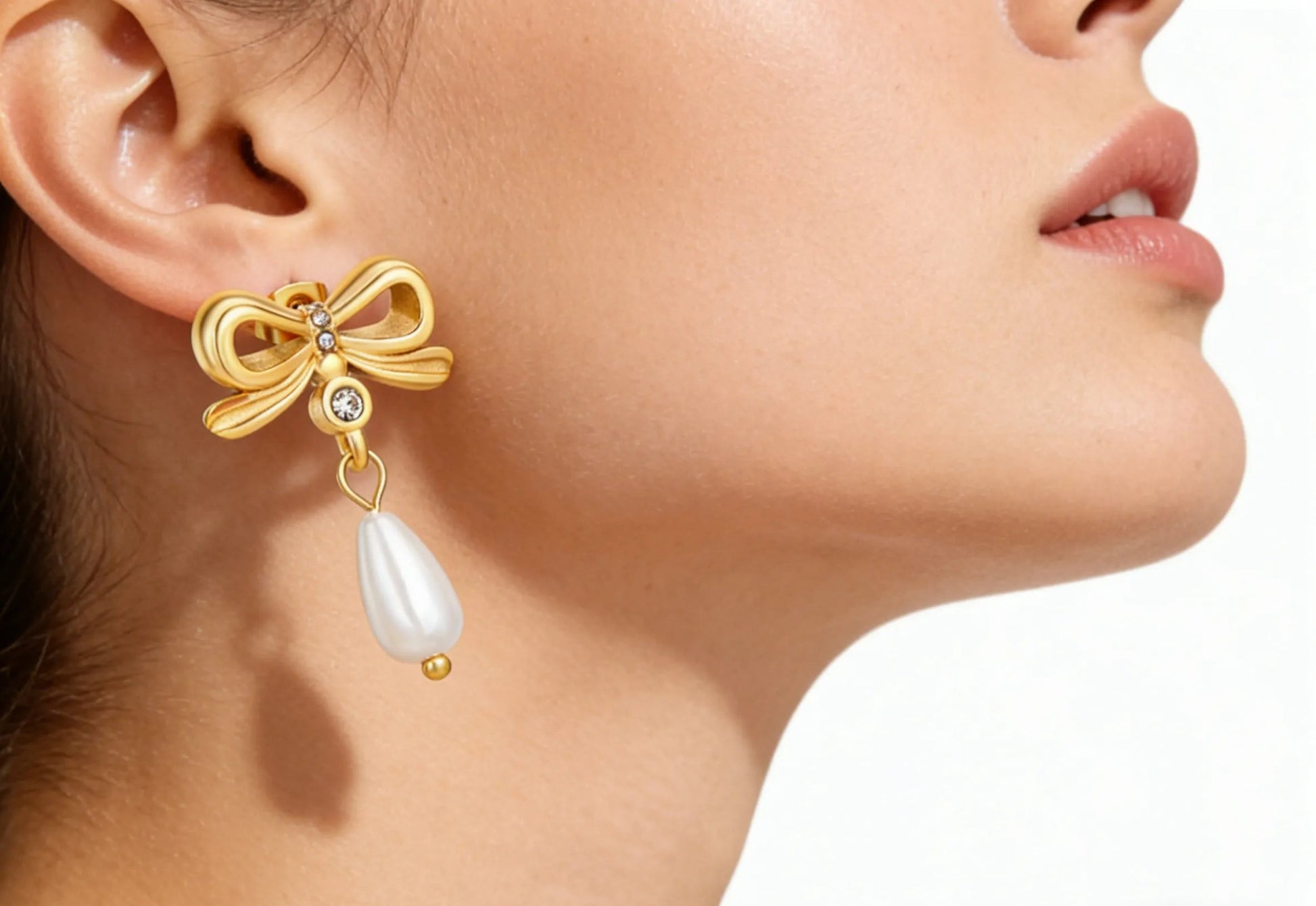 Gold Bowknot Stud Earrings 21*15mm With 6*12mm Teardrop Faux Pearls Elegant Pearl Inlaid Bow Earrings for Women Daily Casual Office Party Wear Fashion Jewelry asonjewelry