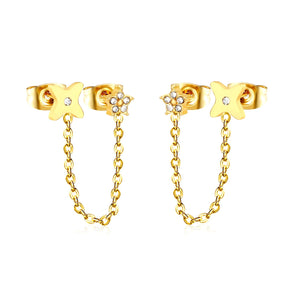 5mm flower + 0.4 cross chain 4cm + 7.8mm cutting flower imitation Czech diamond double ear stud, steel color / gold asonjewelry