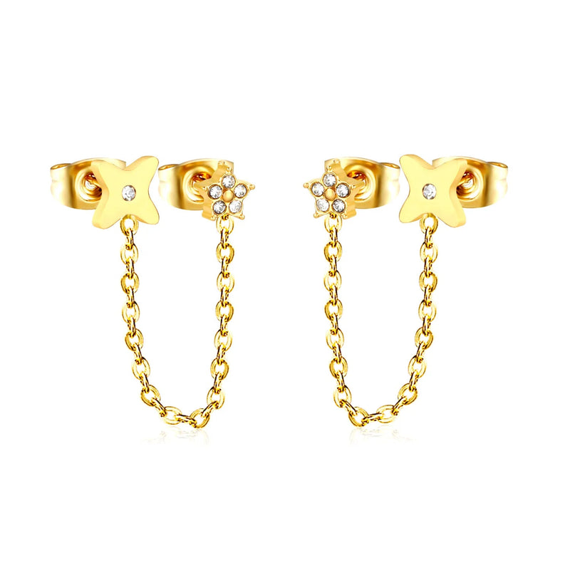 5mm flower + 0.4 cross chain 4cm + 7.8mm cutting flower imitation Czech diamond double ear stud, steel color / gold asonjewelry