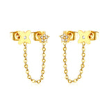 5mm flower + 0.4 cross chain 4cm + 7.8mm cutting flower imitation Czech diamond double ear stud, steel color / gold asonjewelry