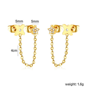 5mm flower + 0.4 cross chain 4cm + 7.8mm cutting flower imitation Czech diamond double ear stud, steel color / gold asonjewelry