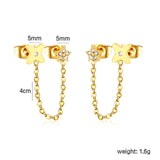 5mm flower + 0.4 cross chain 4cm + 7.8mm cutting flower imitation Czech diamond double ear stud, steel color / gold asonjewelry