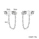 5mm flower + 0.4 cross chain 4cm + 7.8mm cutting flower imitation Czech diamond double ear stud, steel color / gold asonjewelry