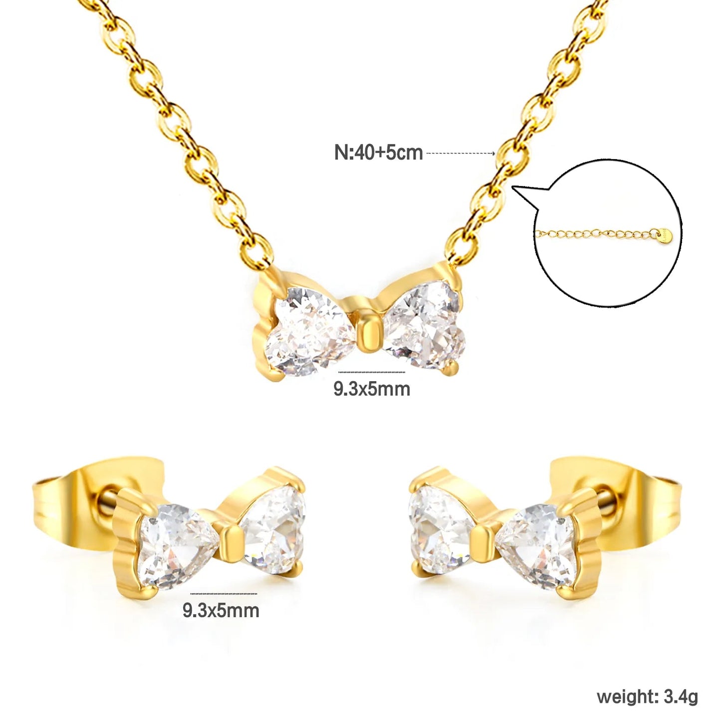 Brogan white diamond/pink diamond stud earrings: 9.3*5mm. Necklace: 9.3*5mm. 0.35 cross chain. 40 + 5cm + 6mm round tail tag. asonjewelry