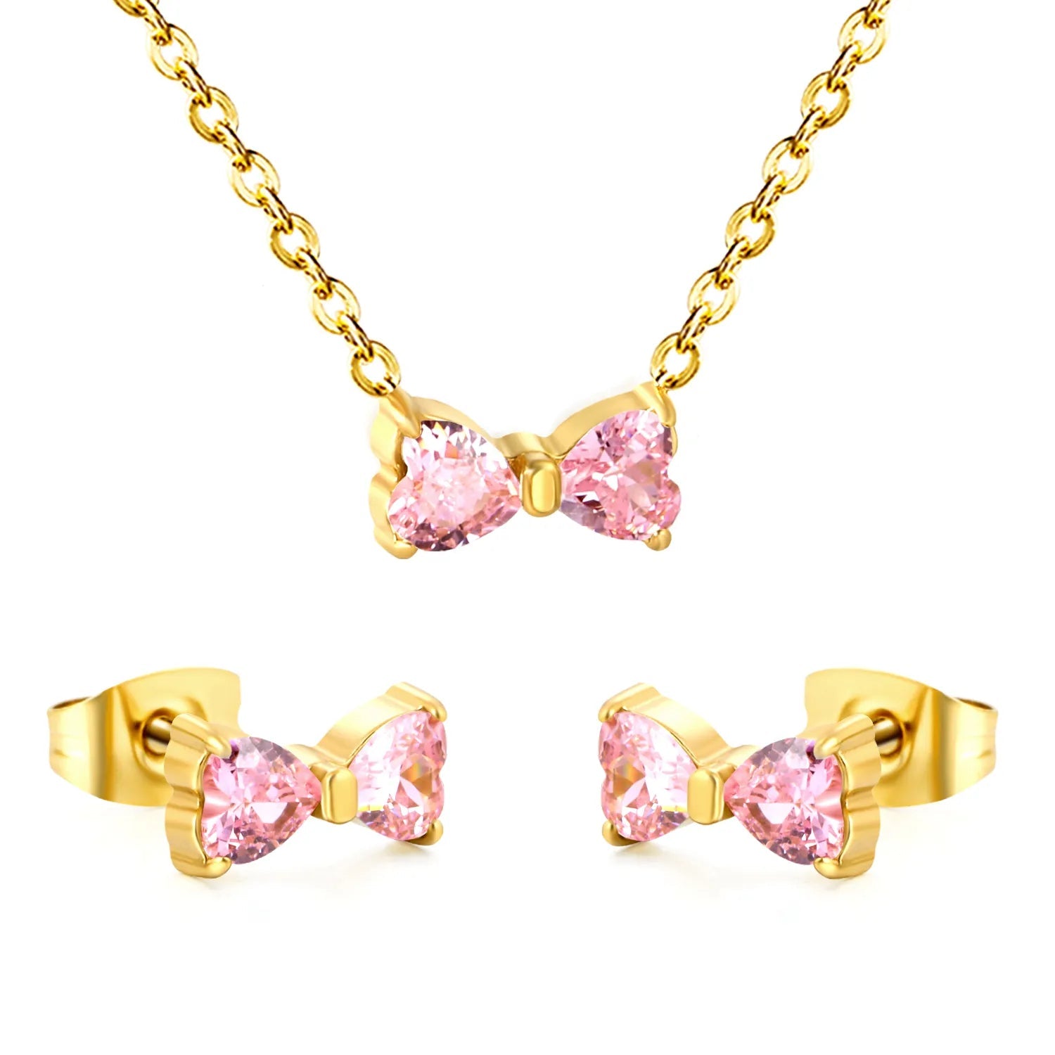 Brogan white diamond/pink diamond stud earrings: 9.3*5mm. Necklace: 9.3*5mm. 0.35 cross chain. 40 + 5cm + 6mm round tail tag. asonjewelry