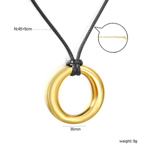35mm Hollow Circle Pendant 45+5cm+6mm Round Plaque Leather Strap Necklace Steel/Gold asonjewelry