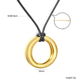35mm Hollow Circle Pendant 45+5cm+6mm Round Plaque Leather Strap Necklace Steel/Gold asonjewelry