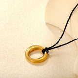 35mm Hollow Circle Pendant 45+5cm+6mm Round Plaque Leather Strap Necklace Steel/Gold asonjewelry
