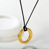 35mm Hollow Circle Pendant 45+5cm+6mm Round Plaque Leather Strap Necklace Steel/Gold asonjewelry