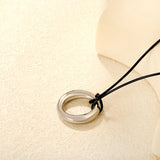 35mm Hollow Circle Pendant 45+5cm+6mm Round Plaque Leather Strap Necklace Steel/Gold asonjewelry