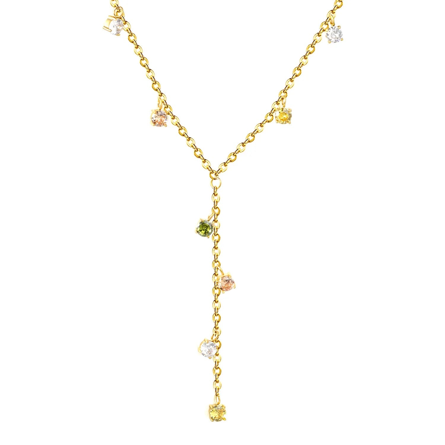 8 pieces of 4mm round diamonds, 0.4-inch cross chain, 42+5cm (downward part) + 5cm tail chain + 6mm round tail fin, golden color asonjewelry