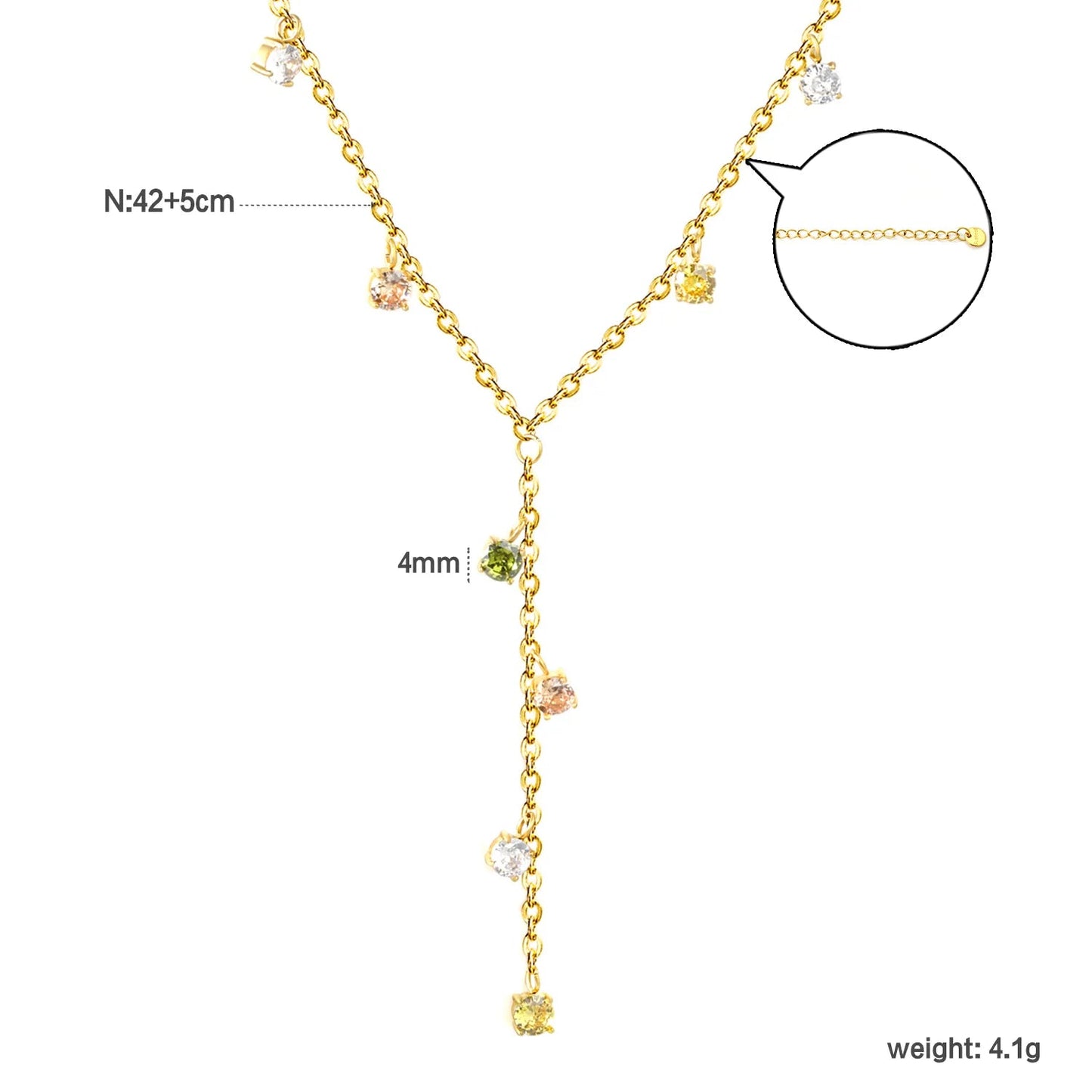 8 pieces of 4mm round diamonds, 0.4-inch cross chain, 42+5cm (downward part) + 5cm tail chain + 6mm round tail fin, golden color asonjewelry