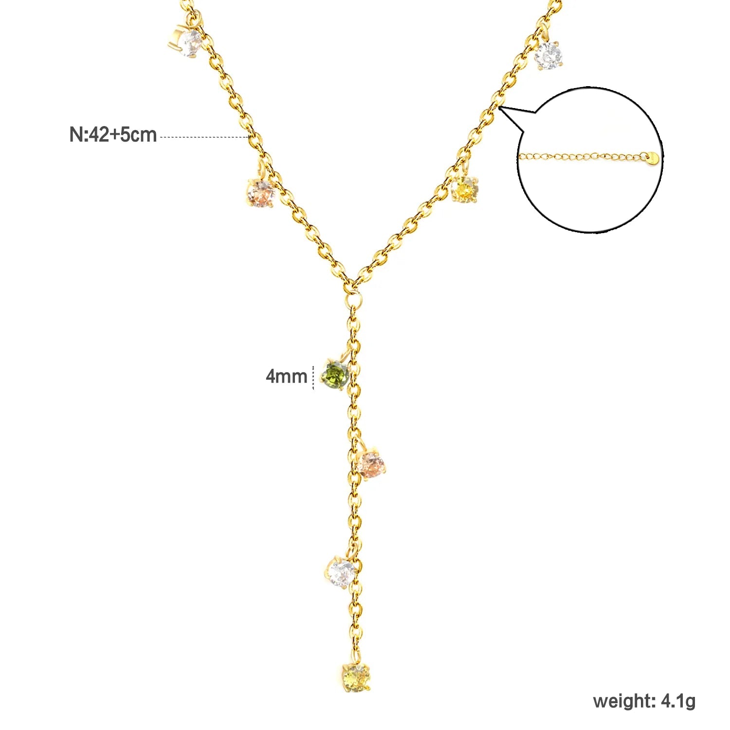 8 pieces of 4mm round diamonds, 0.4-inch cross chain, 42+5cm (downward part) + 5cm tail chain + 6mm round tail fin, golden color asonjewelry