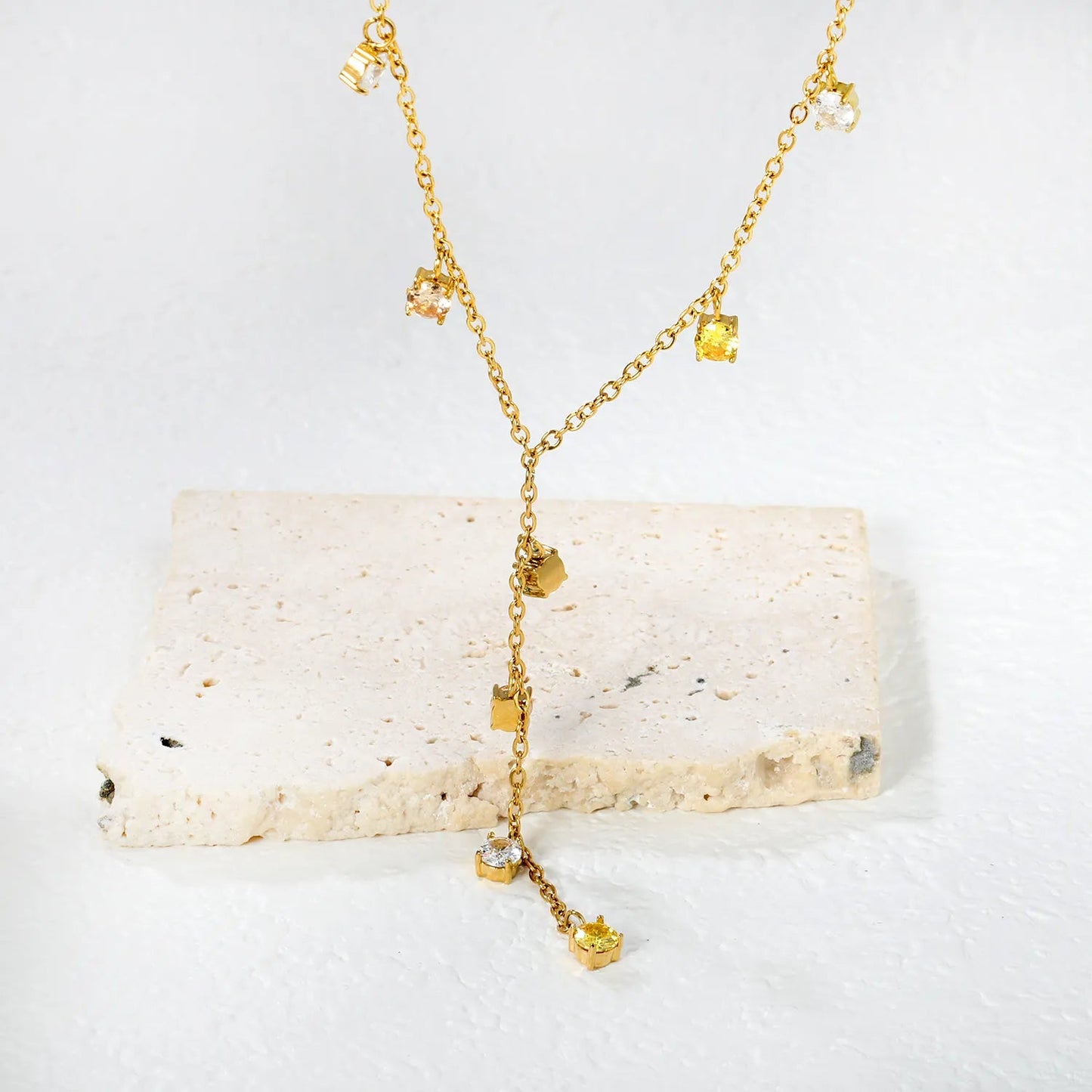 8 pieces of 4mm round diamonds, 0.4-inch cross chain, 42+5cm (downward part) + 5cm tail chain + 6mm round tail fin, golden color asonjewelry