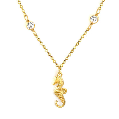 7.6*18mm sea horse pendant with double round diamonds, 0.4 cross chain, 45+5cm+6mm round tail tag, necklace, gold asonjewelry