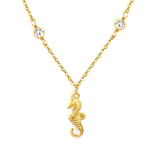 7.6*18mm sea horse pendant with double round diamonds, 0.4 cross chain, 45+5cm+6mm round tail tag, necklace, gold asonjewelry