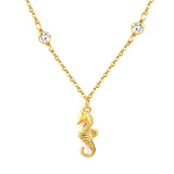 7.6*18mm sea horse pendant with double round diamonds, 0.4 cross chain, 45+5cm+6mm round tail tag, necklace, gold