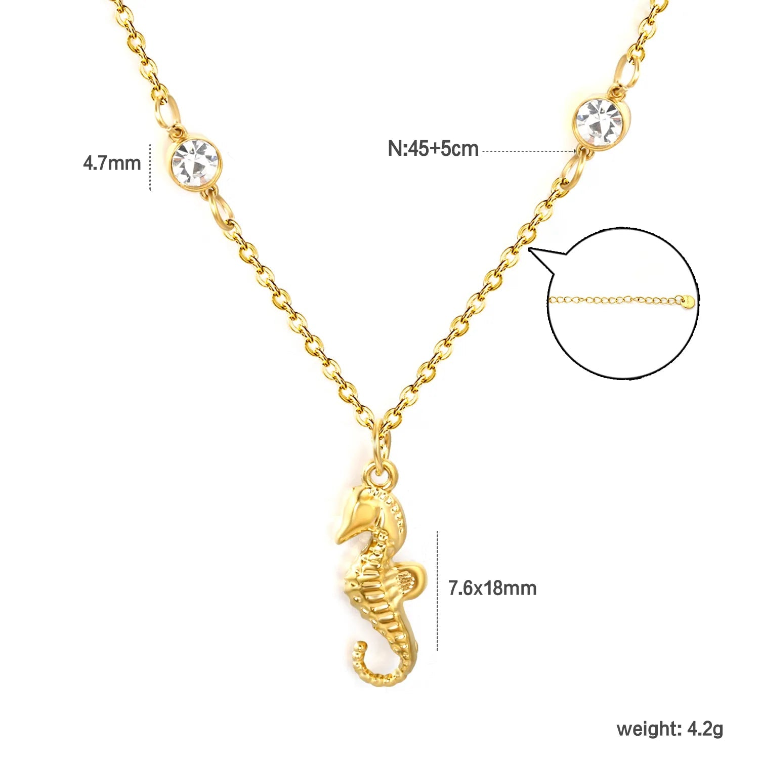 7.6*18mm sea horse pendant with double round diamonds, 0.4 cross chain, 45+5cm+6mm round tail tag, necklace, gold asonjewelry