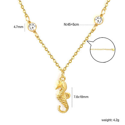 7.6*18mm sea horse pendant with double round diamonds, 0.4 cross chain, 45+5cm+6mm round tail tag, necklace, gold asonjewelry