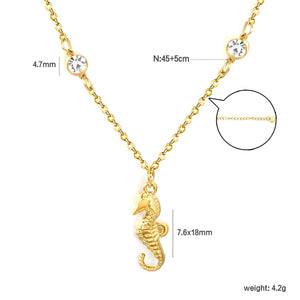 7.6*18mm sea horse pendant with double round diamonds, 0.4 cross chain, 45+5cm+6mm round tail tag, necklace, gold asonjewelry