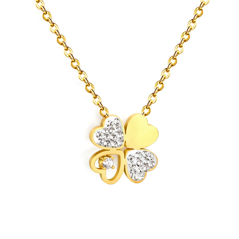 13*13mm four-leaf clover oil-drop pendant with white diamond, 0.4 inch cross chain, 45+5cm+6mm round tail label, necklace, gold colo asonjewelry