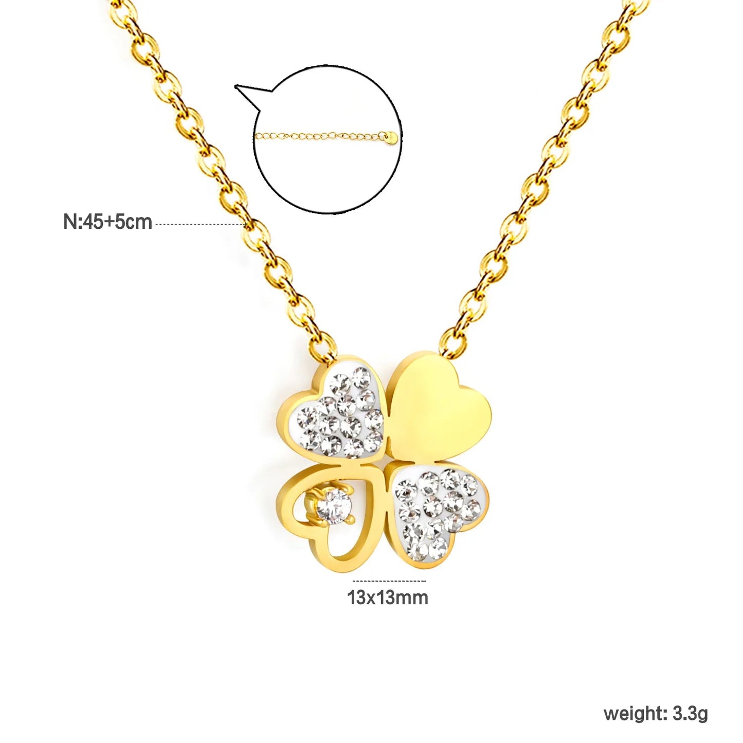 13*13mm four-leaf clover oil-drop pendant with white diamond, 0.4 inch cross chain, 45+5cm+6mm round tail label, necklace, gold colo asonjewelry