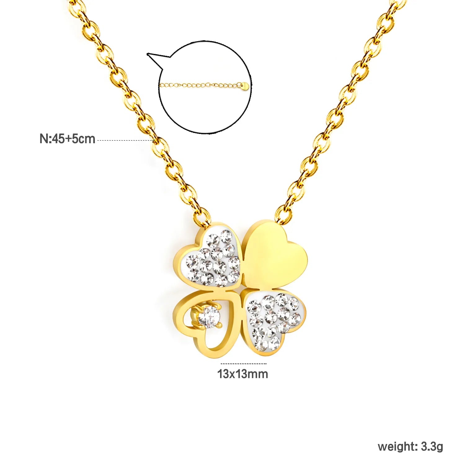 13*13mm four-leaf clover oil-drop pendant with white diamond, 0.4 inch cross chain, 45+5cm+6mm round tail label, necklace, gold colo asonjewelry