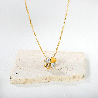 13*13mm four-leaf clover oil-drop pendant with white diamond, 0.4 inch cross chain, 45+5cm+6mm round tail label, necklace, gold colo asonjewelry