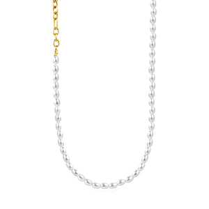 7*5mm plastic beads + 7*5mm O-shaped chain triple-strung into one long O-shaped chain 42 + 5cm + 6mm round tail label  necklace  gold asonjewelry