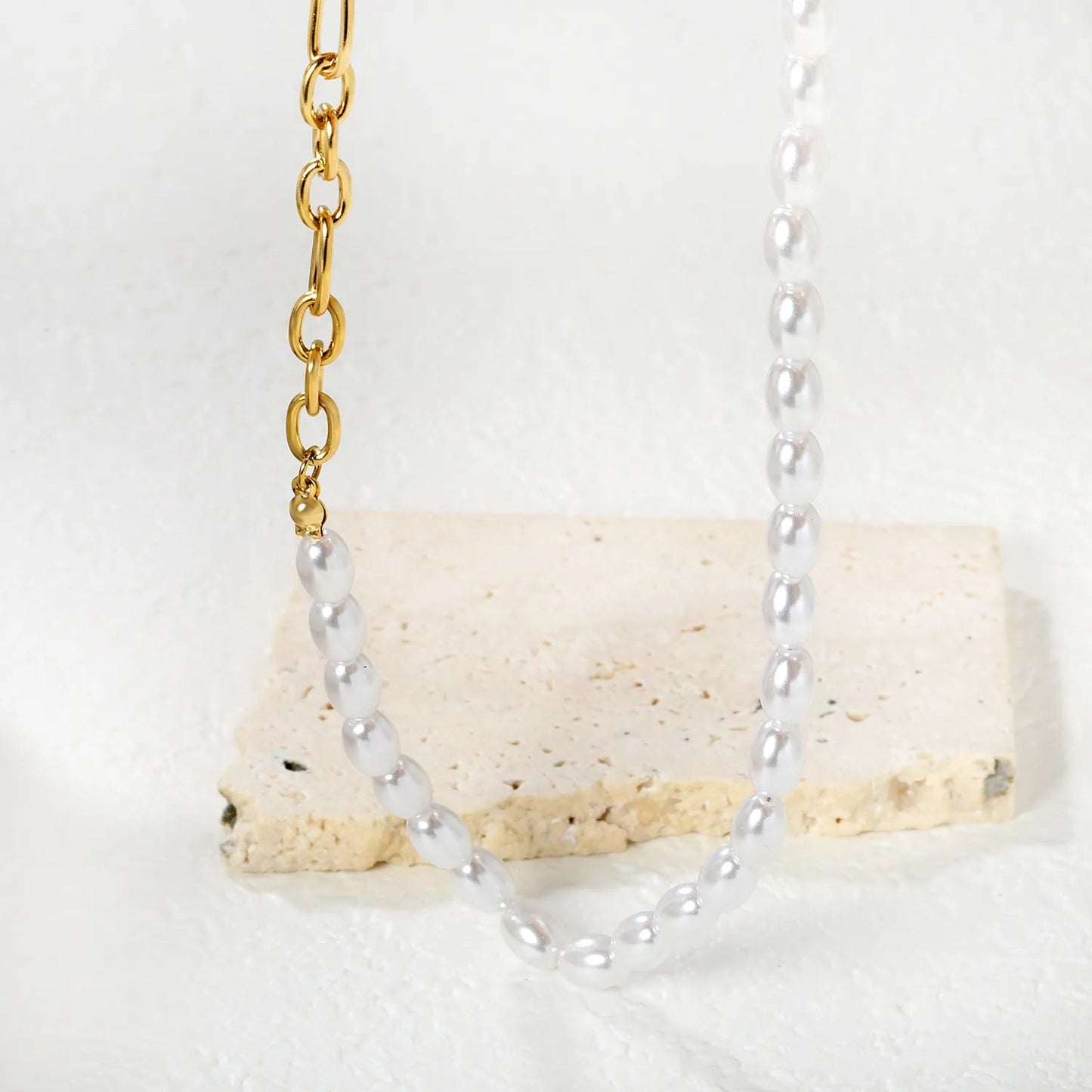 7*5mm plastic beads + 7*5mm O-shaped chain triple-strung into one long O-shaped chain 42 + 5cm + 6mm round tail label  necklace  gold asonjewelry