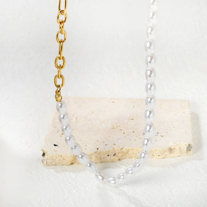 7*5mm plastic beads + 7*5mm O-shaped chain triple-strung into one long O-shaped chain 42 + 5cm + 6mm round tail label  necklace  gold asonjewelry