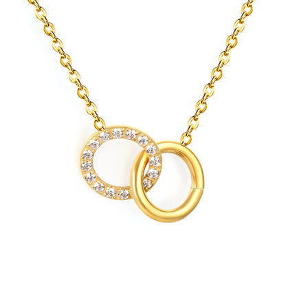 2*12mm diamond-set round rings + 2*12mm smooth hollow round rings with 0.4-inch cross chain 45 + 5cm + 6mm round tail pendant necklace in gold color asonjewelry