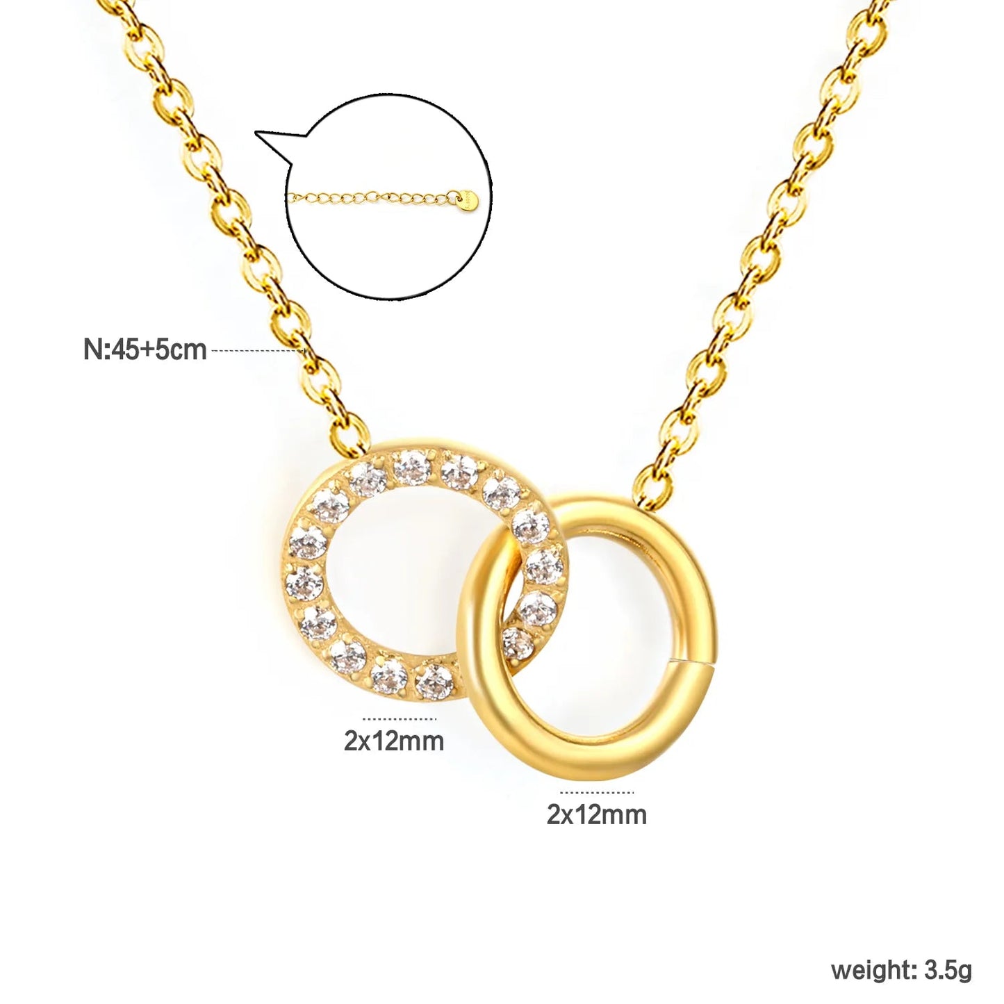 2*12mm diamond-set round rings + 2*12mm smooth hollow round rings with 0.4-inch cross chain 45 + 5cm + 6mm round tail pendant necklace in gold color asonjewelry