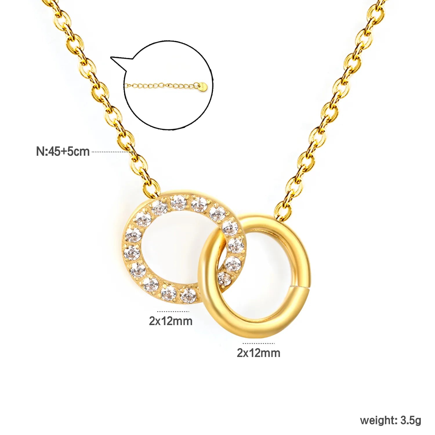 2*12mm diamond-set round rings + 2*12mm smooth hollow round rings with 0.4-inch cross chain 45 + 5cm + 6mm round tail pendant necklace in gold color asonjewelry