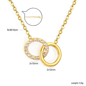 2*12mm diamond-set round rings + 2*12mm smooth hollow round rings with 0.4-inch cross chain 45 + 5cm + 6mm round tail pendant necklace in gold color asonjewelry