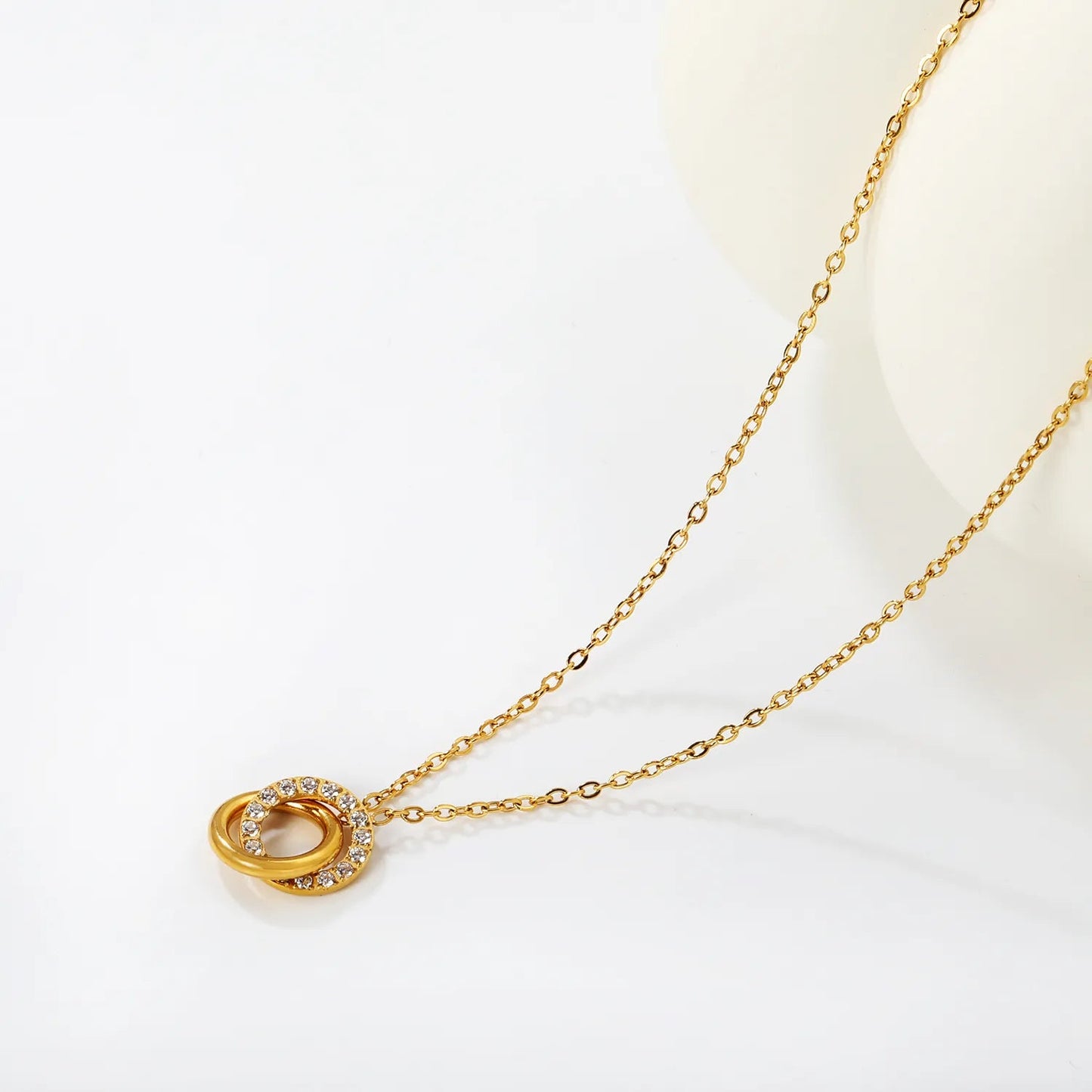 2*12mm diamond-set round rings + 2*12mm smooth hollow round rings with 0.4-inch cross chain 45 + 5cm + 6mm round tail pendant necklace in gold color asonjewelry