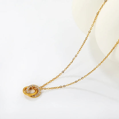 2*12mm diamond-set round rings + 2*12mm smooth hollow round rings with 0.4-inch cross chain 45 + 5cm + 6mm round tail pendant necklace in gold color asonjewelry