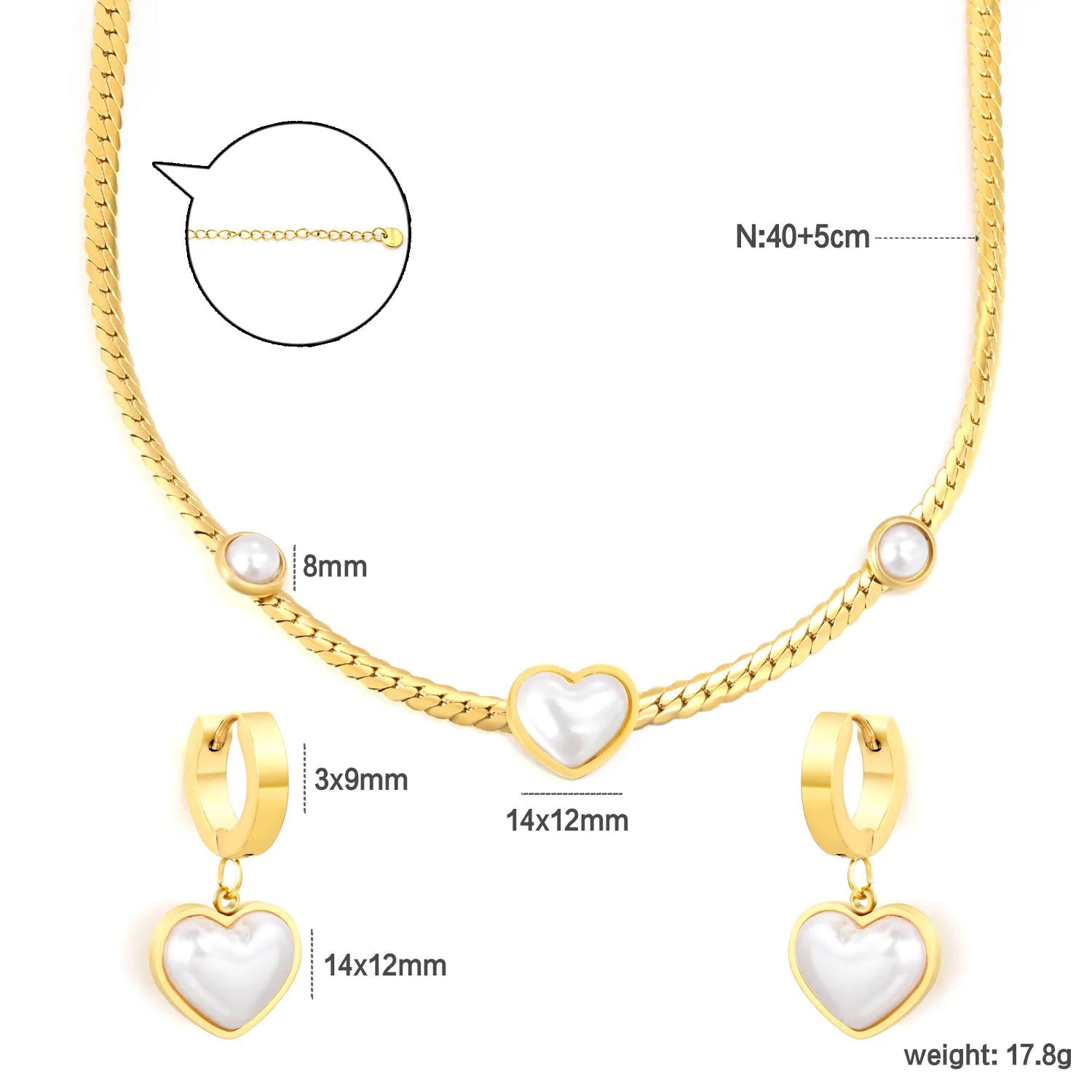 (Same as LPS50301G) Heart-Shaped Pearl Necklace and Earring Set in Gold - Asonjewelry