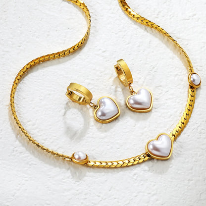 (Same as LPS50301G) Heart-Shaped Pearl Necklace and Earring Set in Gold - Asonjewelry