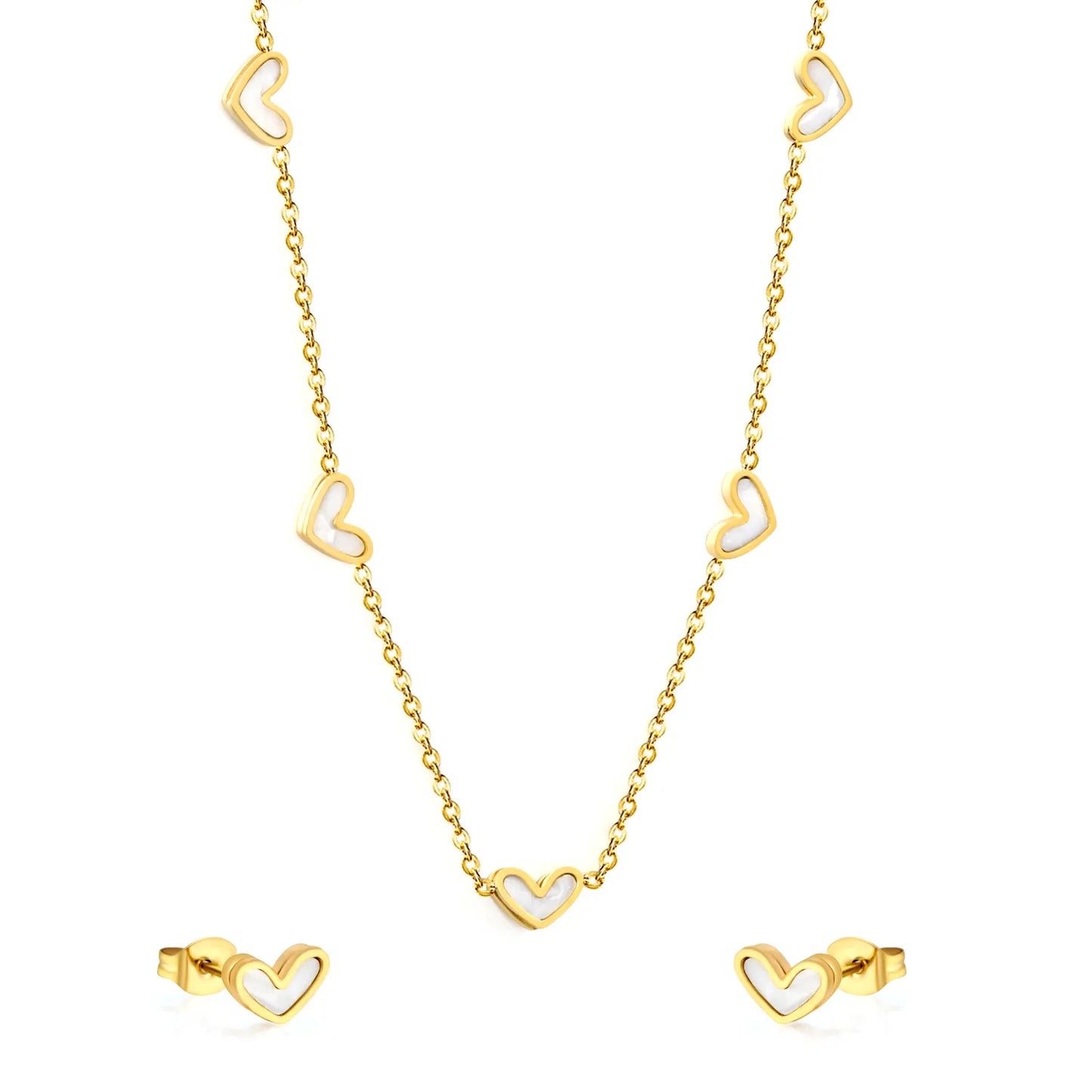(Same as LPS51301G) White Pearl Heart Necklace and Earring Set in Gold - Asonjewelry
