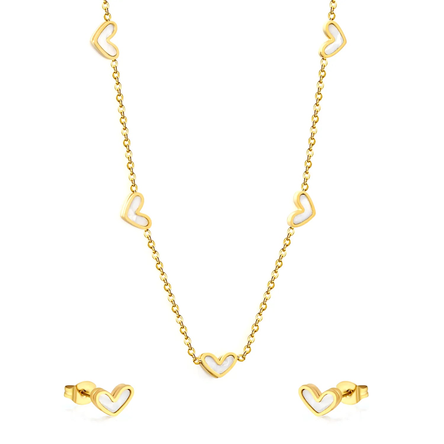 (Same as LPS51301G) White Pearl Heart Necklace and Earring Set in Gold - Asonjewelry