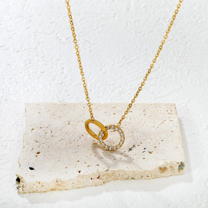 2*12mm diamond-set round rings + 2*12mm smooth hollow round rings with 0.4-inch cross chain 45 + 5cm + 6mm round tail pendant necklace in gold color asonjewelry