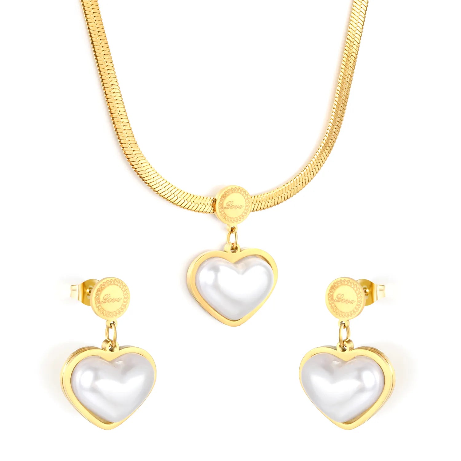 Elegant Gold Plated Pearl Heart-Shaped Necklace and Earring Set Hypoallergenic Jewelry for Women Perfect for Wedding Party and Daily Wear - Asonjewelry